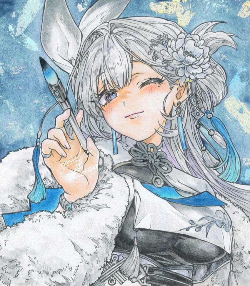 1girl, artist_name, blush, coat, commentary, covered_underboob, earrings, floral_print