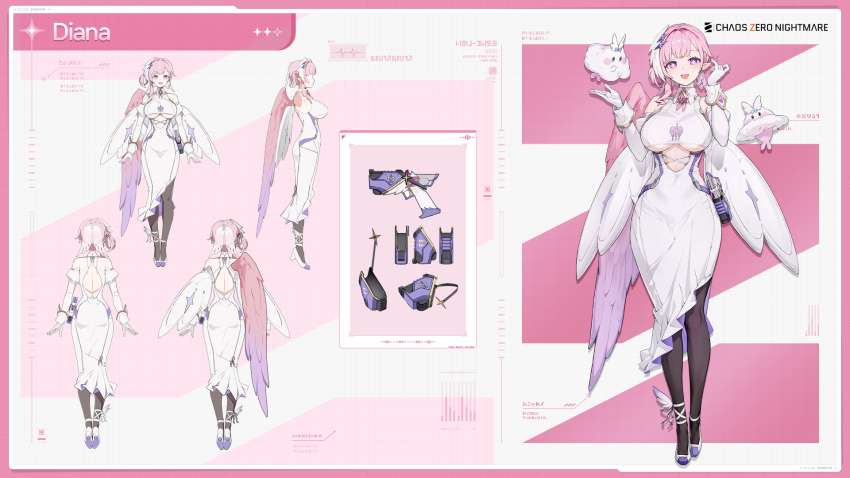 1girl, artist_request, ass, backless_dress, backless_outfit, bare_shoulders, breasts, chaos_zero_nightmare, commentary, concept_art, copyright_name, diana_(chaos_zero_nightmare), dress, english_commentary, full_body, gloves, gradient_wings, gun, hair_bun, hair_ornament, highres, holster, holstered, juliet_sleeves, long_sleeves, multicolored_wings, multiple_views, official_art, pink_hair, pink_wings, pointy_ears, puffy_sleeves, purple_eyes, purple_wings, underboob, weapon, white_dress, white_gloves, wings