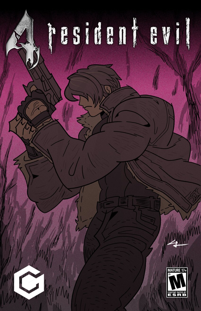 1boy, absurdres, blonde_hair, commentary, corey_lewis, curtained_hair, gun, highres