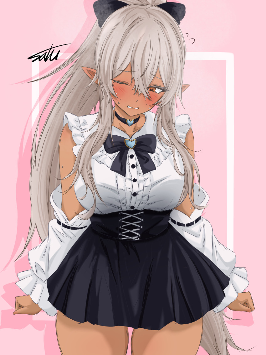 1girl, absurdres, black_bow, black_choker, black_skirt, blush, bow, breasts