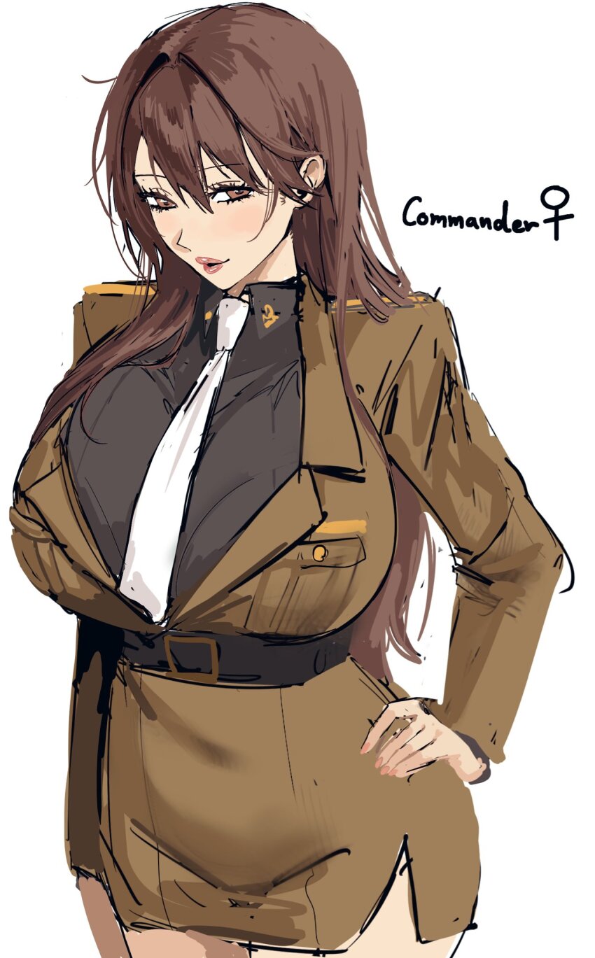 1girl, belt, black_belt, black_shirt, breasts, brown_dress, brown_eyes, brown_hair