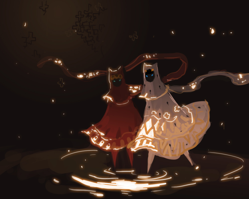 2girls, bruno_bucciarati, chibi, commentary_request, crossdressing, dark, dark_background, faceless