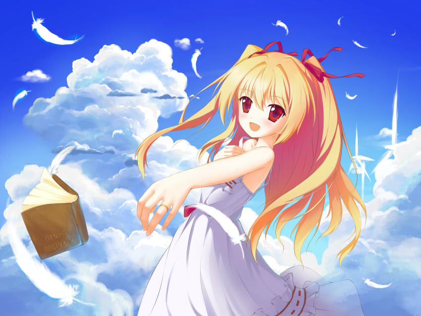1060476357, 1girl, :d, absurdres, bare_shoulders, blonde_hair, blue_sky, blush