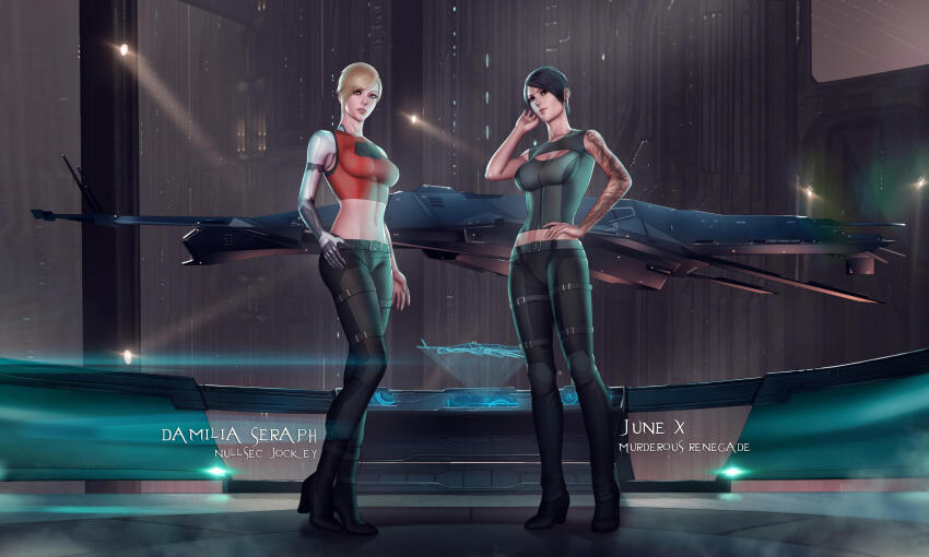 2girls, arm_tattoo, asymmetrical_hair, attack_ship_(eve_online), audia_pahlevi, bare_arms, bare_shoulders, belt