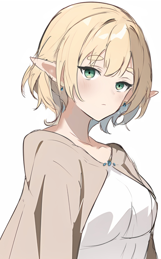 1girl, blonde_hair, cape, closed_mouth, commentary_request, dress, earrings, elf