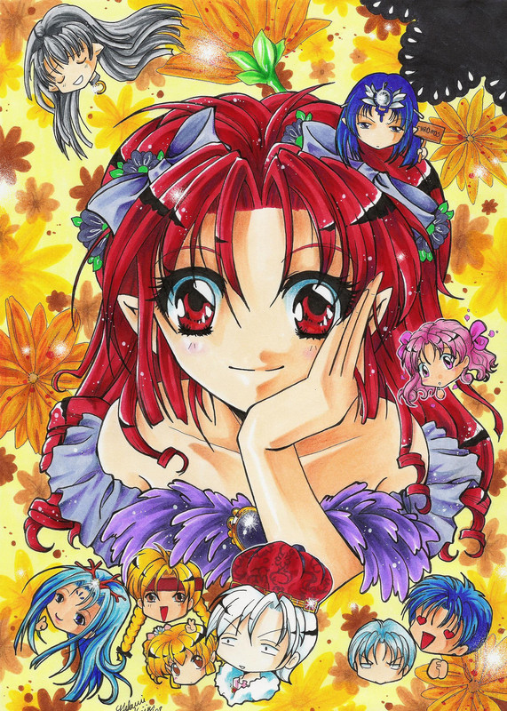 artist_request, blonde_hair, blue_hair, chokolina_m120, jin_hizuki, jin_sakataki, momoto_karen, onishi_akira, rikoku_yami, smile, souba_mizuno, tagme, time_stranger_kyoko, white_hair, widseek