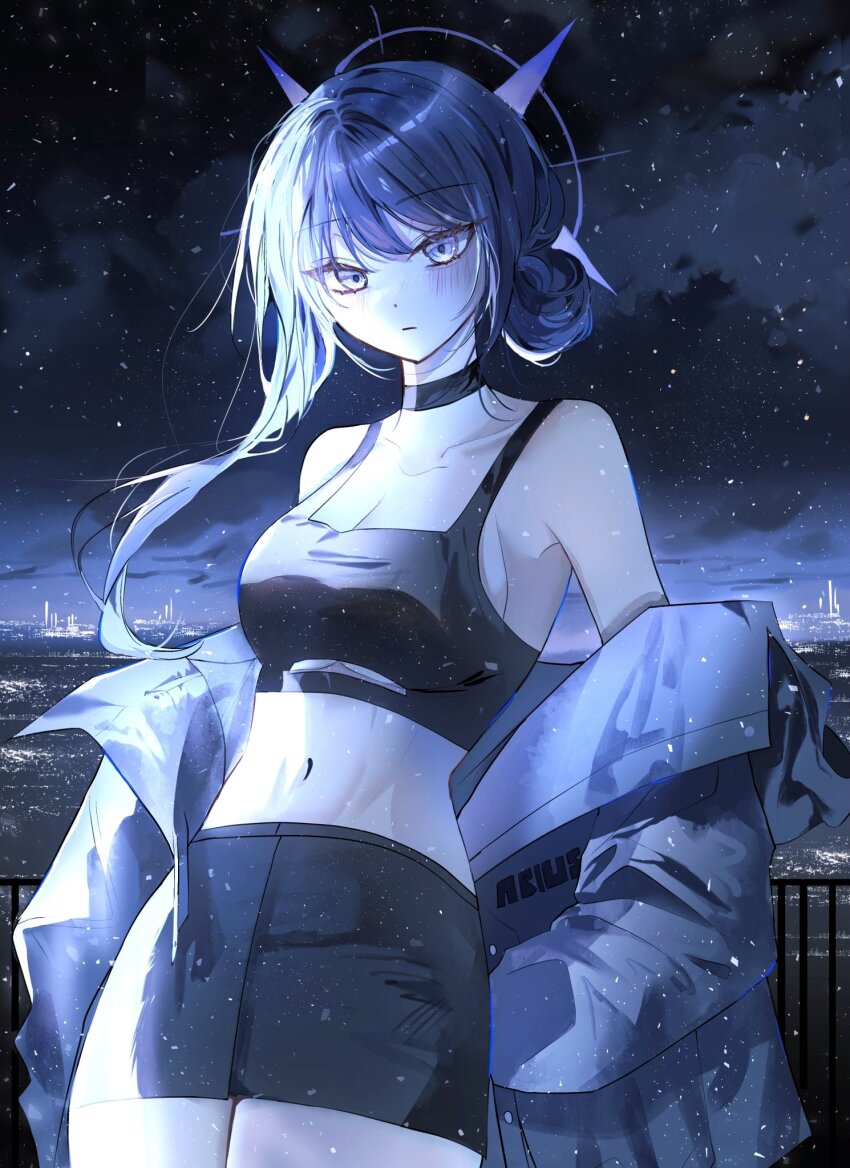 1girl, blue_archive, blue_eyes, blue_halo, bra, breasts, choker, cloak