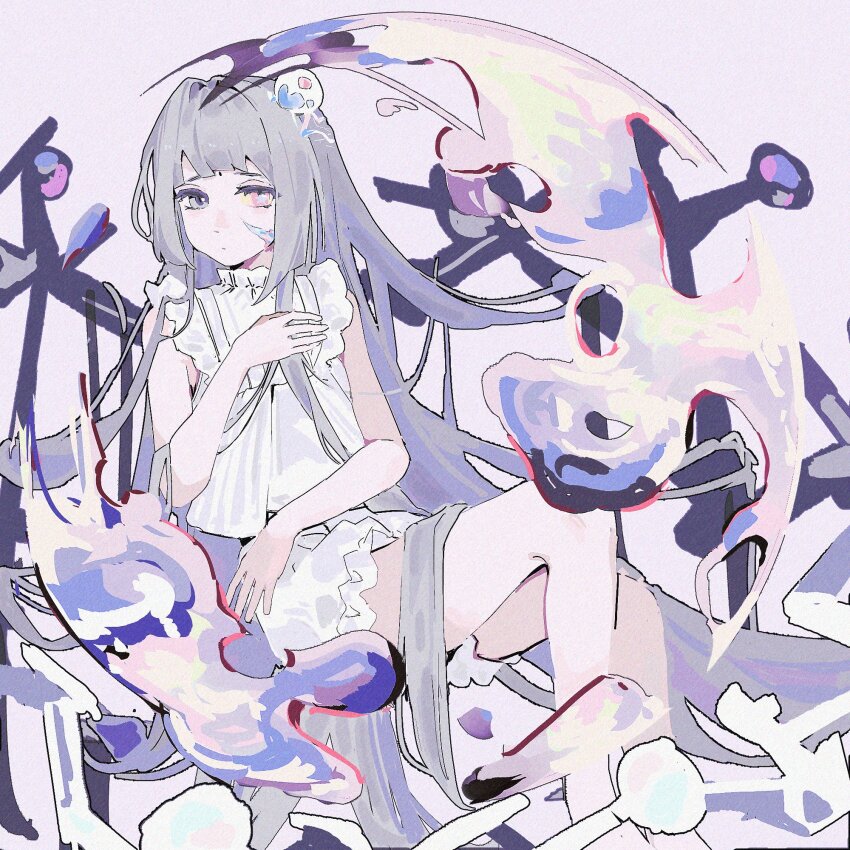 1girl, bare_legs, bare_shoulders, colored_sclera, commentary, faint_(morimens), grey_eyes, grey_hair, hand_up, heterochromia, highres, leftover_orz, long_hair, looking_at_viewer, morimens, pink_eyes, purple_background, scar, scar_on_face, simple_background, sleeveless, solo, yellow_sclera