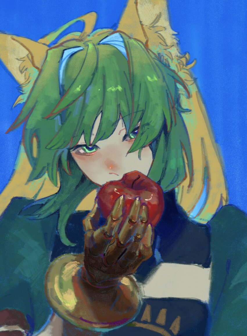 1girl, animal_ears, apple, atalanta_(fate), blue_background, cat_ears, dress, fate/grand_order