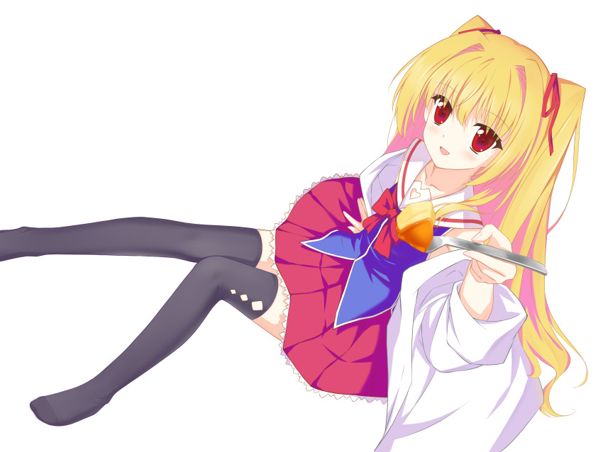 1060476357, 1girl, :d, absurdres, arm_at_side, bare_shoulders, black_thighhighs, blonde_hair