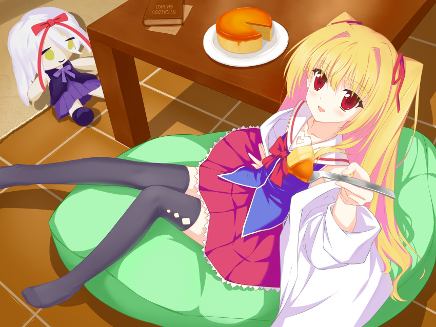 1060476357, 1girl, :d, absurdres, arm_at_side, bare_shoulders, black_thighhighs, blonde_hair