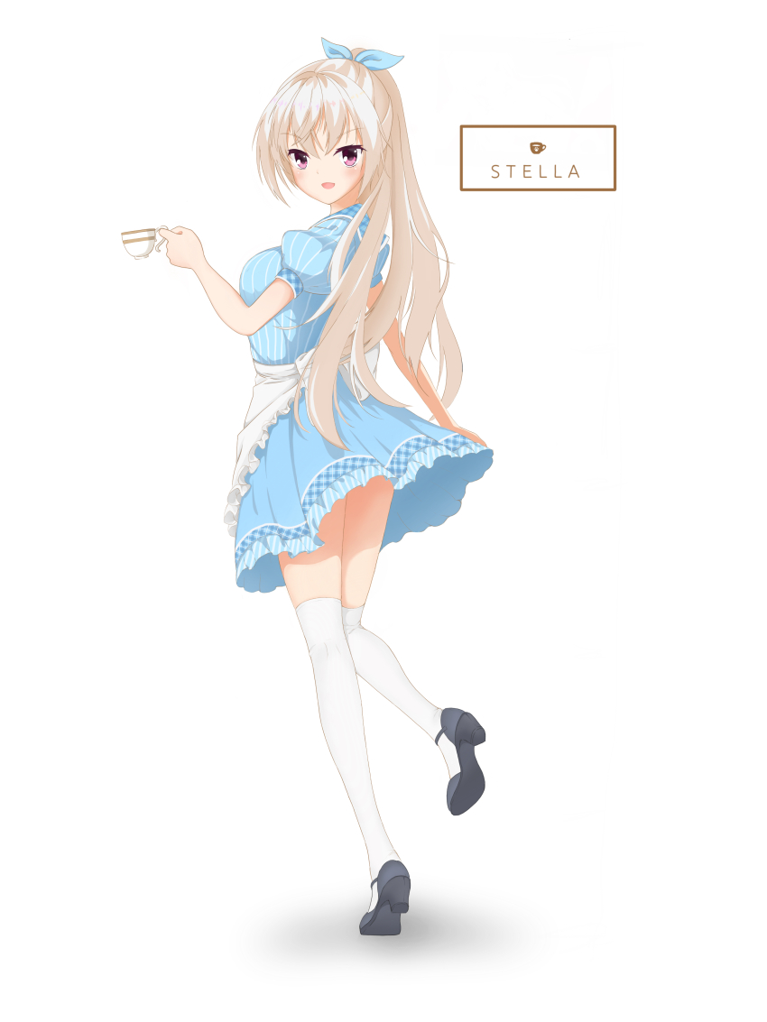 1060476357, 1girl, :d, absurdres, akizuki_kanna, apron, black_shoes, blue_bow