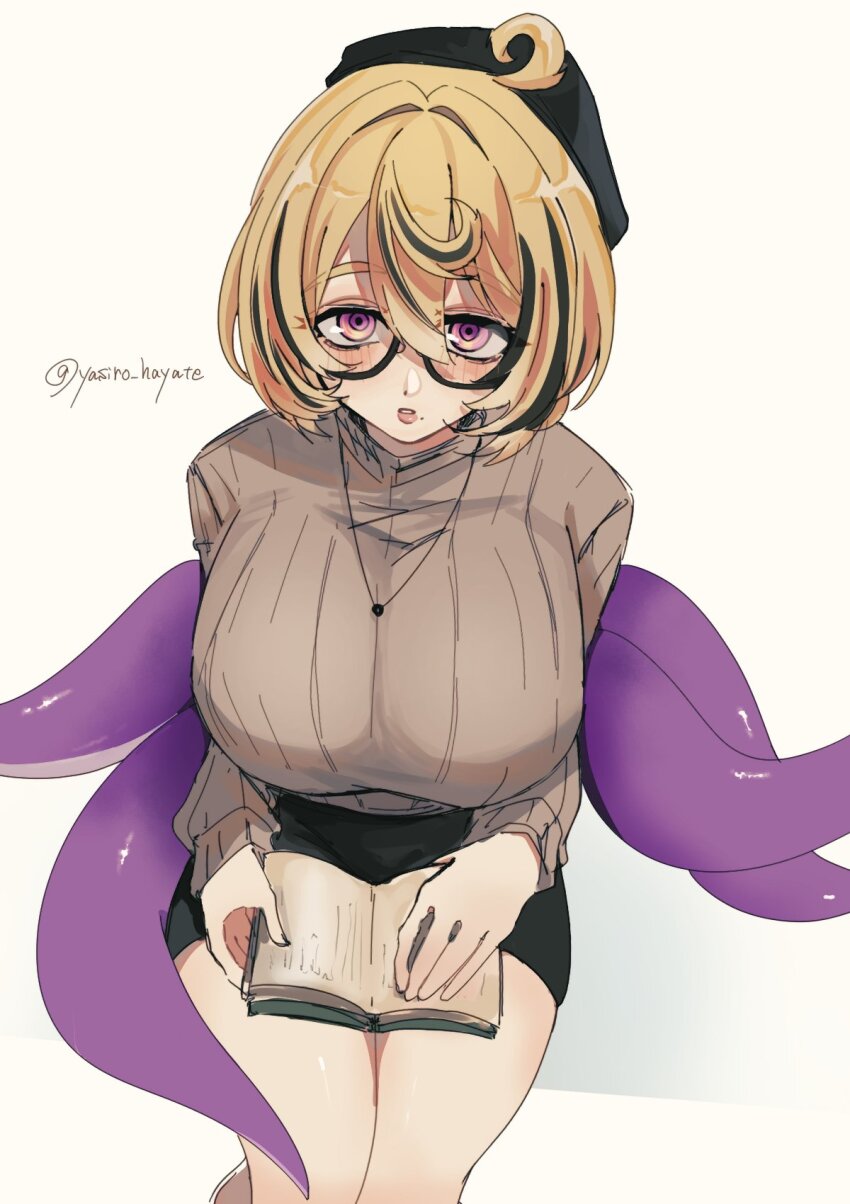 1girl, alternate_costume, beret, black_hat, black_skirt, blonde_hair, book, book_on_lap