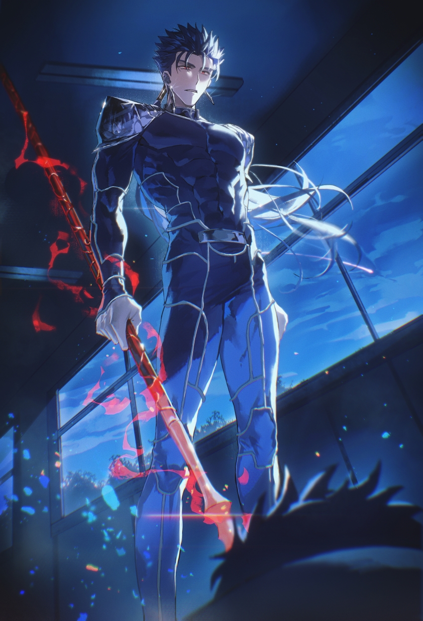 2boys, absurdres, armor, belt, black_hair, blue_bodysuit, blue_hair, blue_sky, bodysuit, chinese_commentary, chromatic_aberration, cloud, cloudy_sky, commentary_request, covered_abs, covered_navel, covered_pectorals, cu_chulainn_(fate), cu_chulainn_(fate/stay_night), cu_chulainn_(lancer)_(fate), earrings, fate/stay_night, fate_(series), feet_out_of_frame, floating_hair, gae_bolg_(fate), grey_belt, hair_ornament, hair_tubes, highres, holding, holding_polearm, holding_weapon, indoors, jewelry, long_hair, looking_at_another, looking_down, magic, male_focus, multiple_boys, muscular, muscular_male, night, pectorals, petals, polearm, red_eyes, short_hair, shoulder_armor, single_hair_tube, sky, solo_focus, span_(shibanyu63868), sparkle, spear, standing, teeth, tree, weapon, weapon_energy, window