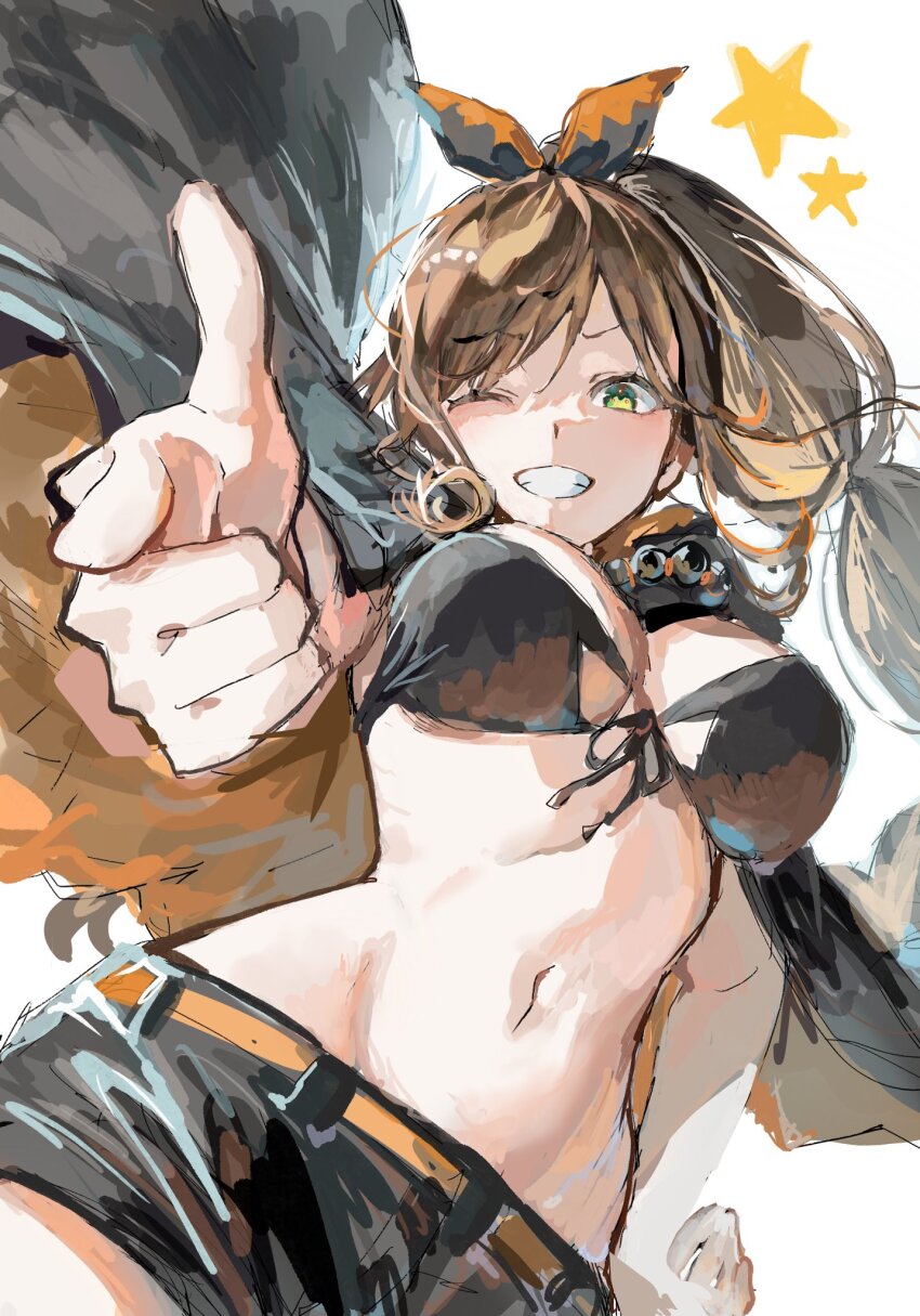 1girl, belt, bikini, bikini_top_only, black_bikini, black_cape, black_shorts, breasts, brown_hair, cape, commentary_request, danroneko, front-tie_bikini_top, front-tie_top, green_eyes, hair_ribbon, high_ponytail, highres, large_breasts, long_hair, looking_at_viewer, multi-tied_hair, navel, one_eye_closed, orange_belt, orange_cape, pointing, pointing_at_viewer, ponytail, re:zero_kara_hajimeru_isekai_seikatsu, ribbon, shaula_(re:zero), short_shorts, shorts, smile, solo, swimsuit, two-tone_cape, upper_body