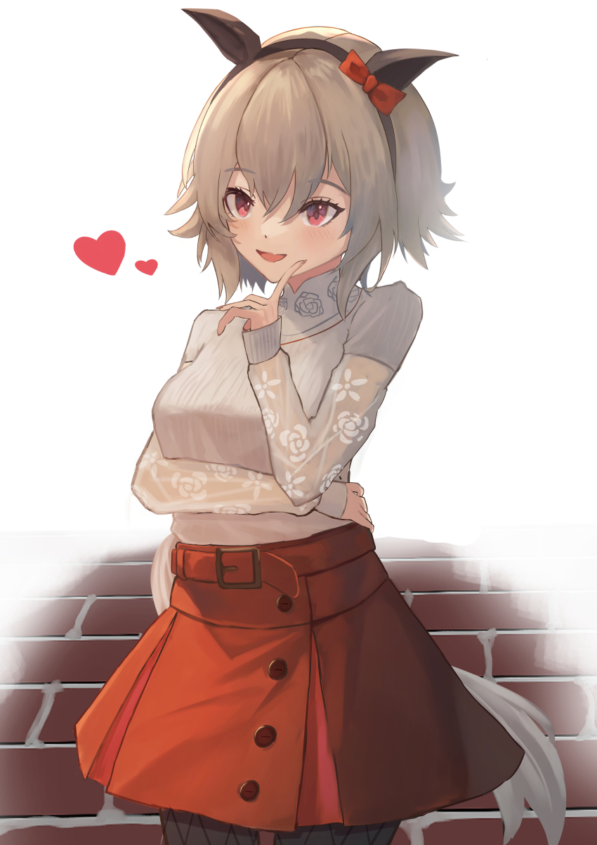 1girl, absurdres, animal_ears, belt, black_hairband, black_pantyhose, blush, bow