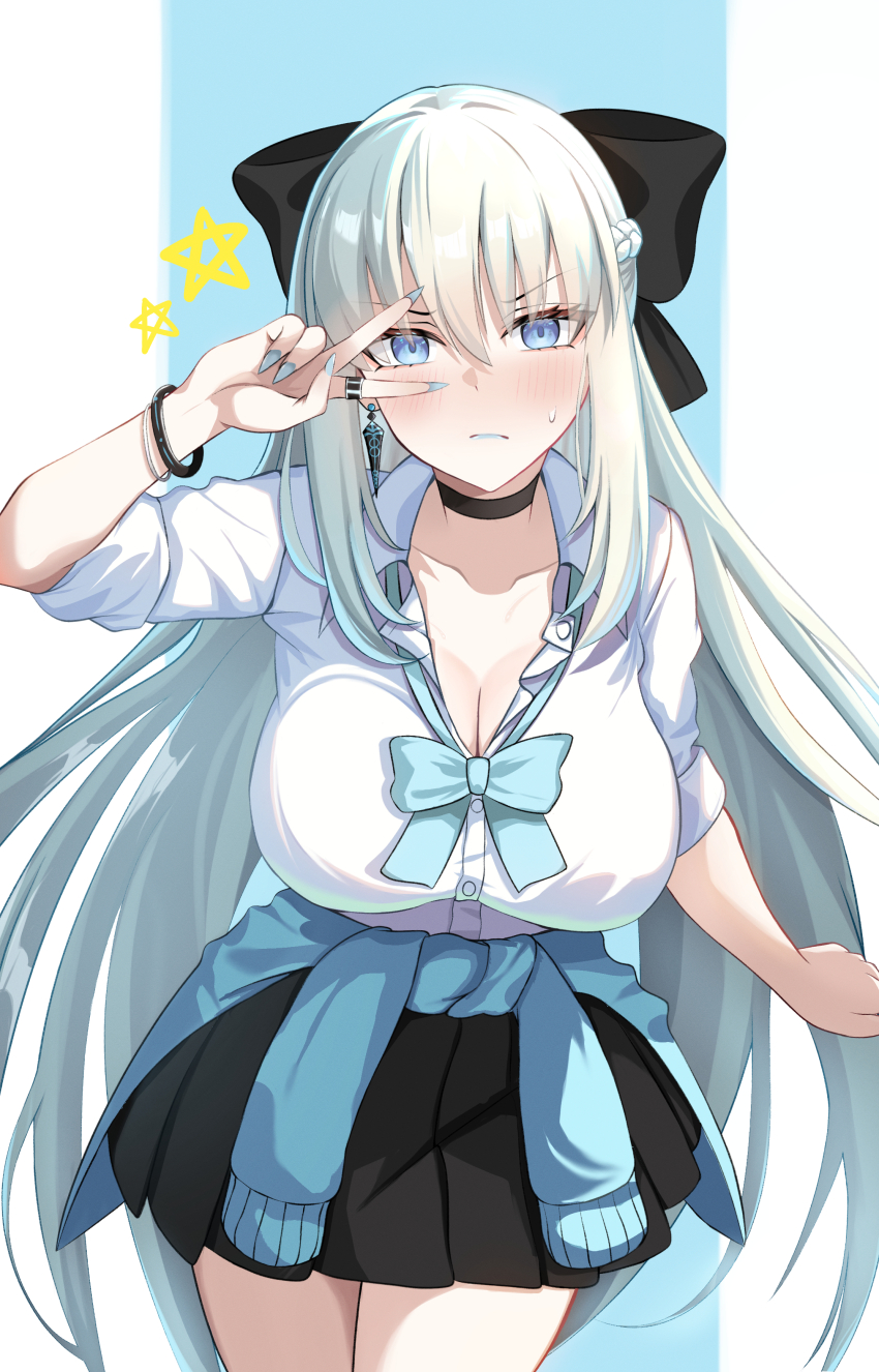 1girl, absurdres, alternate_costume, blue_background, blue_eyes, border, braid, breasts