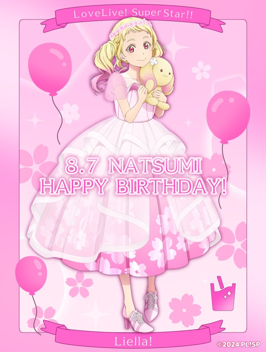 1girl, balloon, blonde_hair, character_logo, closed_mouth, commentary_request, copyright_name, dated, dolce_(love_live!), dress, full_body, gradient_hair, group_name, happy_birthday, high_heels, highres, holding, holding_stuffed_toy, long_dress, looking_at_viewer, lop_rabbit, love_live!, love_live!_superstar!!, multicolored_hair, official_art, onitsuka_natsumi, pink_background, pink_dress, pink_eyes, pink_hair, pink_shoes, puffy_short_sleeves, puffy_sleeves, sakuramon, see-through_clothes, see-through_sleeves, shoes, short_sleeves, smile, solo, stuffed_animal, stuffed_rabbit, stuffed_toy, twintails