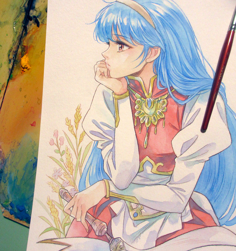 1girl, agahari, art_brush, art_tools_in_frame, blue_hair, closed_mouth, commentary_request, elbow_rest