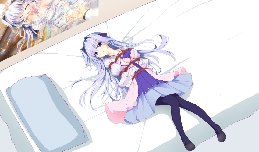 1060476357, 1girl, 9-nine-, absurdres, arms_behind_back, bdsm, black_pantyhose, black_shoes, blue_dress, blue_eyes, blue_hair, blush, bondage, bound, bound_arms, bound_torso, breasts, casual, chinese_commentary, collarbone, commentary_request, commission, dress, dutch_angle, frilled_sleeves, frills, full_body, hair_between_eyes, hair_intakes, hair_ribbon, hair_spread_out, highres, indoors, kousaka_haruka, large_breasts, layered_dress, long_hair, long_sleeves, looking_at_viewer, lying, mary_janes, official_alternate_costume, on_back, on_bed, open_clothes, open_shirt, pantyhose, pillow, pink_dress, pleated_dress, pleated_skirt, purple_dress, purple_ribbon, ribbon, second-party_source, shibari, shibari_over_clothes, shirt, shoes, skirt, solo, very_long_hair, white_shirt, wide_sleeves