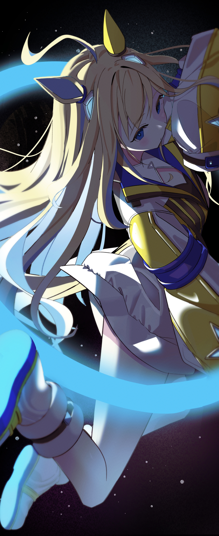 1girl, absurdres, ahoge, animal_ears, blonde_hair, blue_eyes, blue_hair, boots