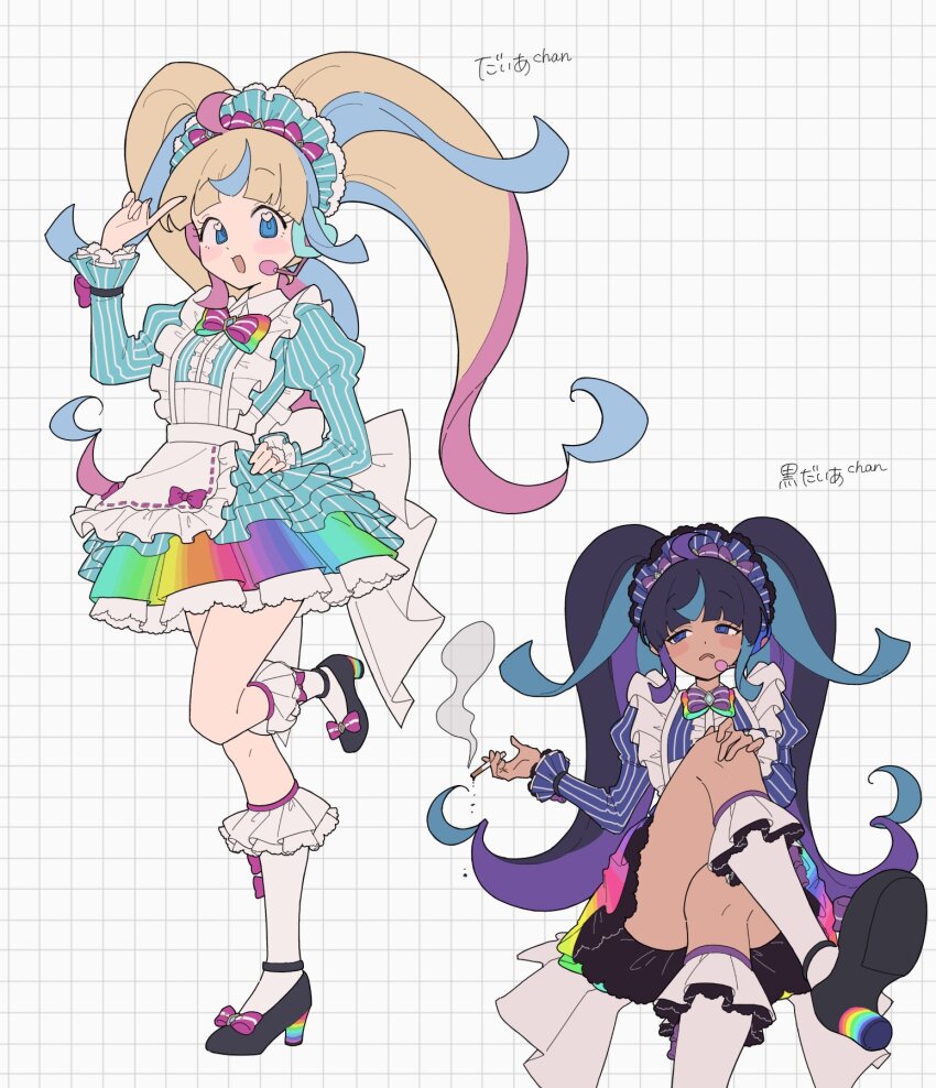 apron, black_shoes, blonde_hair, blue_dress, blue_eyes, blue_hair, blue_streaks, blunt_bangs