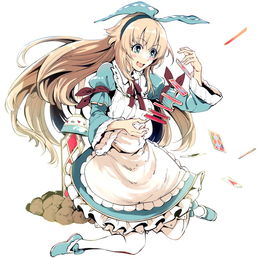 1girl, alice_(grimms_notes), alice_(repage)_(grimms_notes), apron, aqua_dress, aqua_eyes, aqua_shoes, blush_stickers