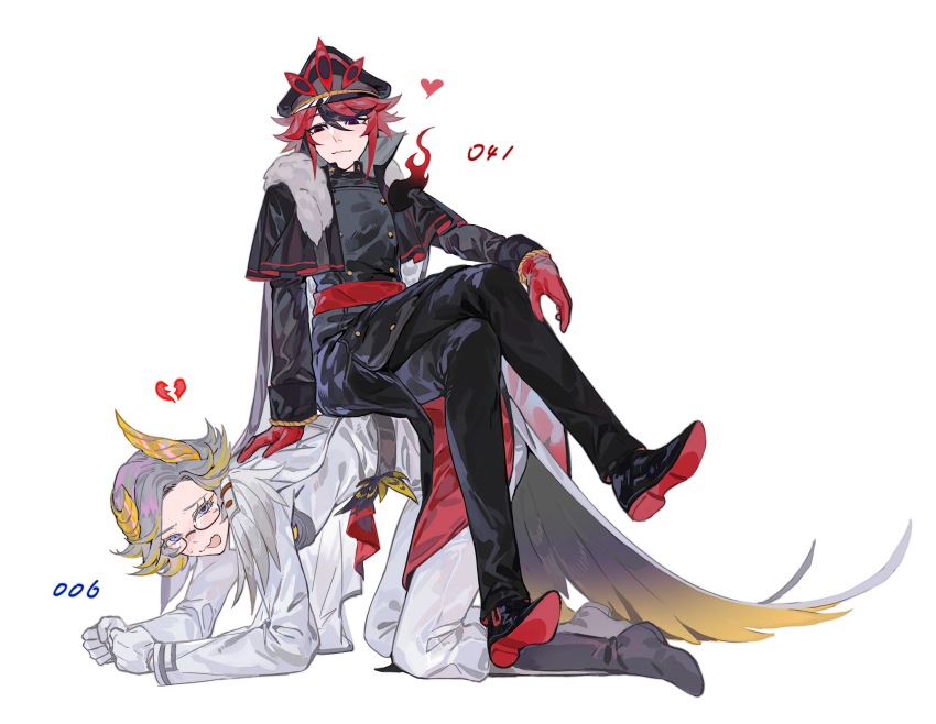 2boys, absurdres, acomem07, all_fours, alternate_costume, aotsuki_eito, black_boots, black_cape, black_coat, black_hat, black_shoes, black_streaks, blue_eyes, blush, boots, broken_heart, buttons, cape, chinese_commentary, coat, commentary_request, crossed_legs, double-breasted, full_body, fur-trimmed_cape, fur_trim, glasses, gloves, grey_hair, hair_ornament, hand_on_another's_back, hat, heart, highres, jacket, male_focus, multicolored_hair, multiple_boys, nose_blush, open_mouth, pants, purple_eyes, red_gloves, red_hair, shirt, shoes, short_hair, sitting, sitting_on_person, smile, streaked_hair, sumino_takumi, sweatdrop, the_hundred_line_-last_defense_academy-, two-tone_hair, white_background, white_cape, white_jacket, white_pants, white_shirt, yaoi