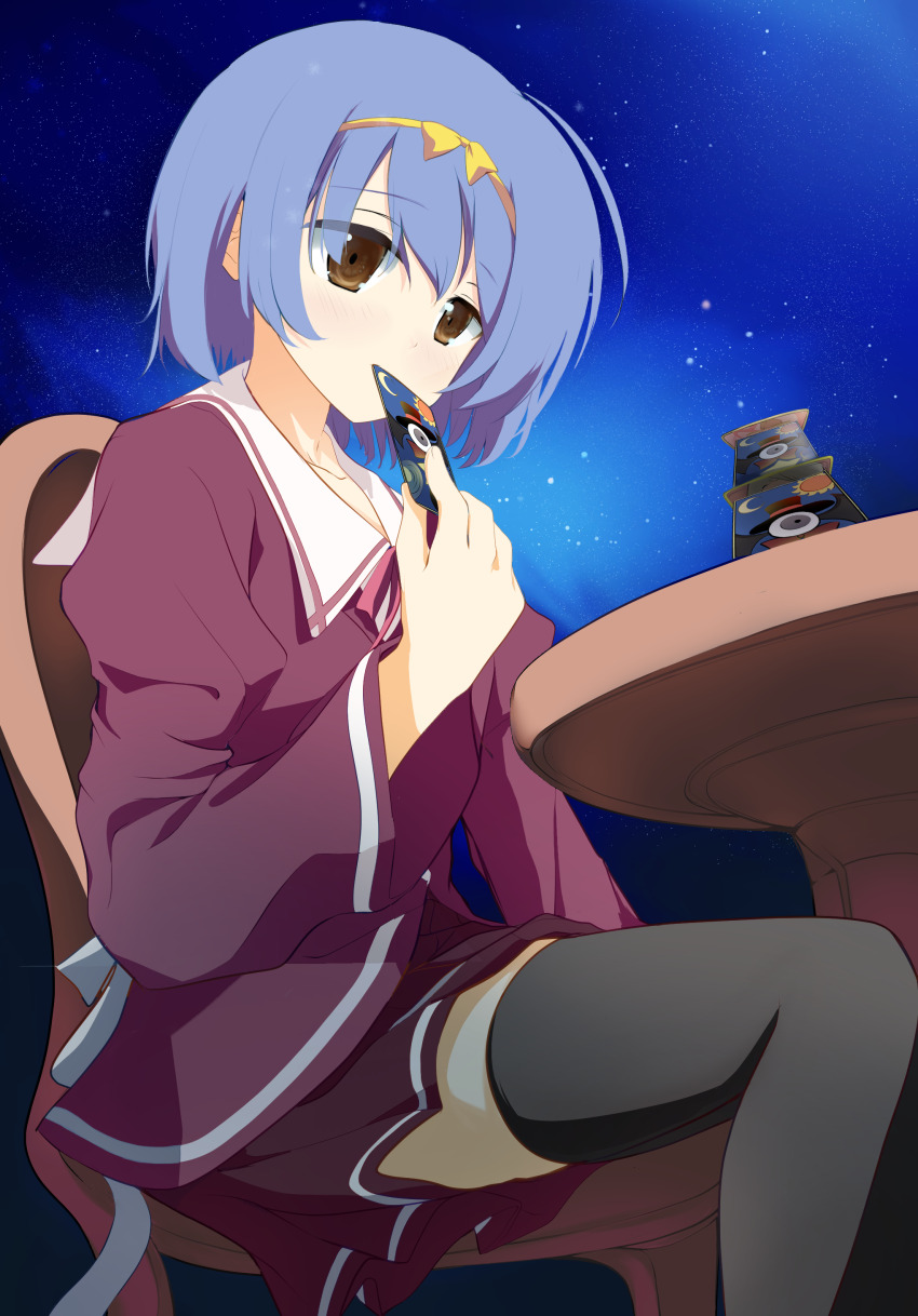 1girl, absurdres, aig8654fez, black_thighhighs, blue_hair, blush, bow, brown_eyes