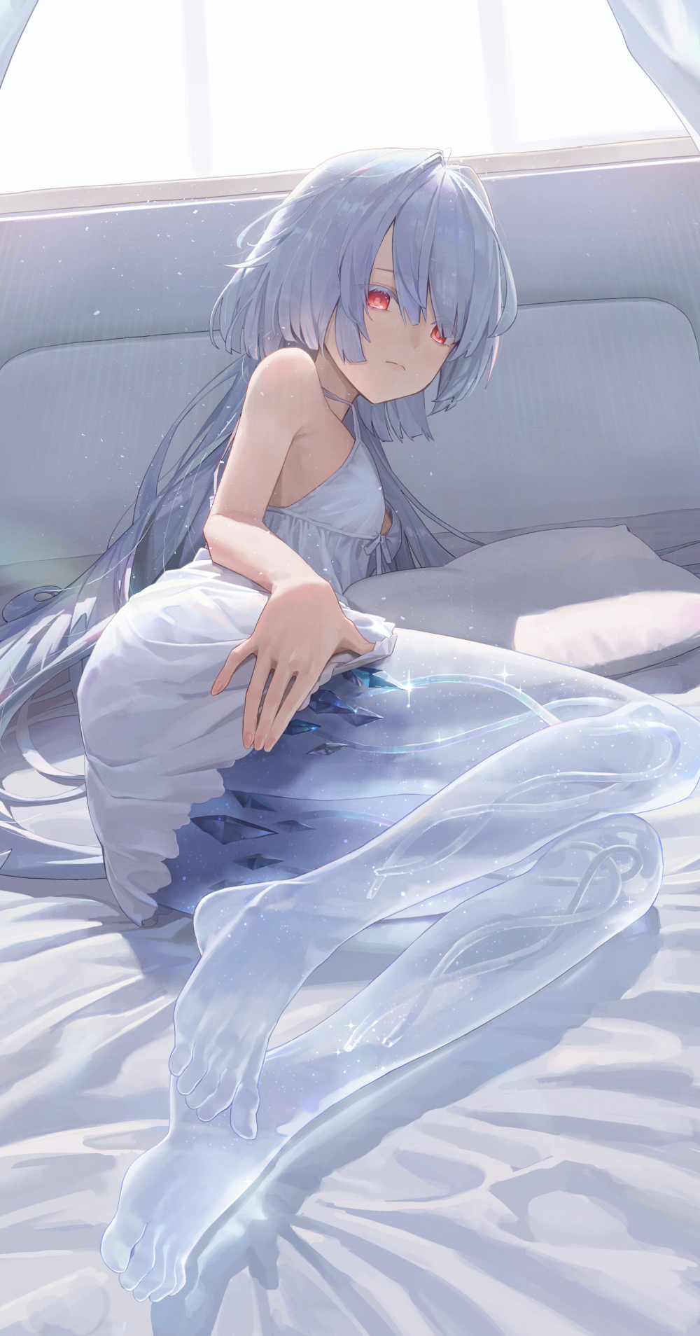 1girl, alternate_costume, bare_shoulders, barefoot, closed_mouth, colored_eyelashes, commentary, dress