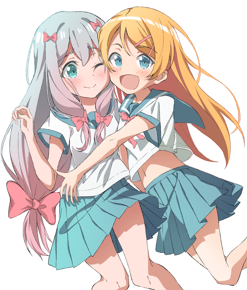 2girls, :d, ;), absurdres, aqua_eyes, blonde_hair, blue_eyes, blue_sailor_collar