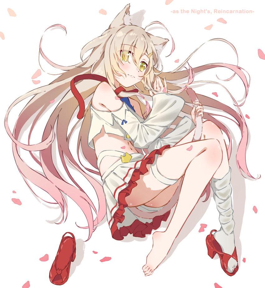 1girl, :3, animal_ear_fluff, animal_ears, bare_shoulders, barefoot, between_legs, blush