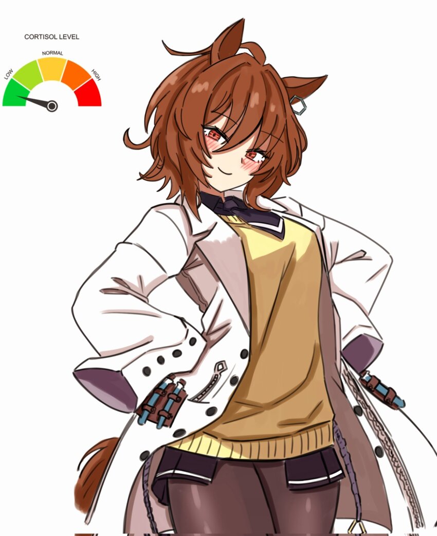 1girl, agnes_tachyon_(tach-nology)_(umamusume), agnes_tachyon_(umamusume), ahoge, animal_ears, black_necktie, black_pantyhose, black_shirt