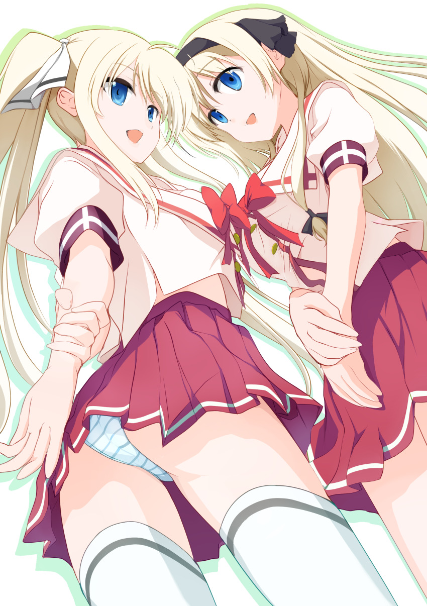 2girls, :d, absurdres, ahoge, aig8654fez, arms_behind_back, ass, black_hairband, black_ribbon, blonde_hair, blue_eyes, bow, bowtie, commentary, cowboy_shot, drop_shadow, dutch_angle, foreshortening, from_below, hair_ribbon, hairband, hand_on_own_arm, highres, hisakaki_komomo, hisakaki_kosame, hoshizora_no_memoria, long_hair, midriff, midriff_peek, miniskirt, multiple_girls, open_mouth, panties, pleated_skirt, puffy_short_sleeves, puffy_sleeves, red_bow, red_bowtie, red_skirt, ribbon, school_uniform, shirt, short_sleeves, siblings, sidelocks, simple_background, sisters, skirt, smile, striped_clothes, striped_panties, thighhighs, thighs, twins, twintails, underwear, upskirt, v_arms, very_long_hair, white_background, white_ribbon, white_shirt, white_thighhighs, zettai_ryouiki