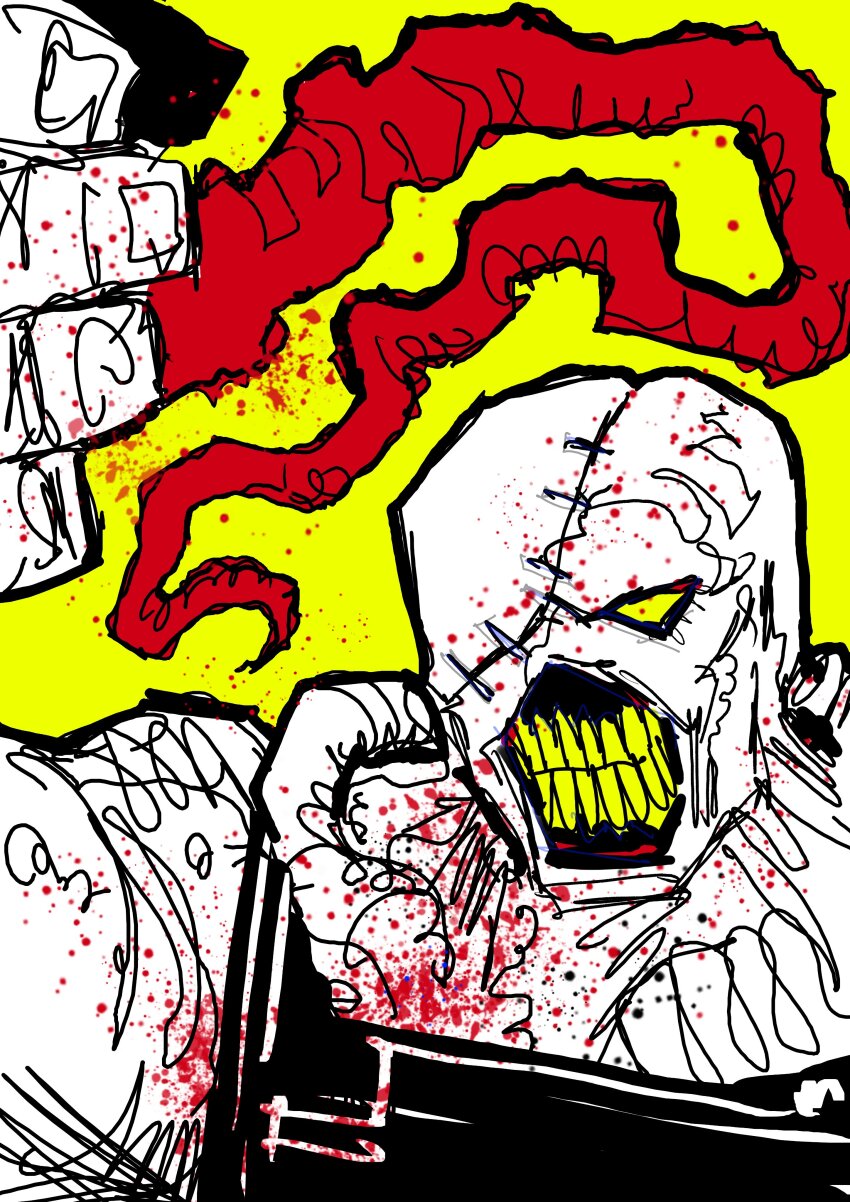 absurdres, apron, azoinab, blood, colored_teeth, commentary, exposed_teeth, hand_up