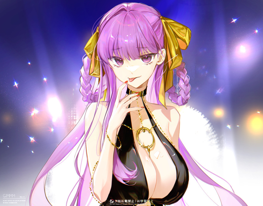 1girl, bare_shoulders, bb_(fate), bb_dubai_(fate), belly_chain, black_dress, braid, braided_hair_rings, breasts, center_opening, chain, cleavage, collared_halterneck, commentary_request, dress, fate/grand_order, fate_(series), gi_um, gold_chain, hair_ribbon, hair_rings, highres, jewelry, large_breasts, long_hair, looking_at_viewer, necklace, o-ring, purple_eyes, purple_hair, red_nails, ribbon, smile, solo, tongue, tongue_out, twin_braids, upper_body, very_long_hair, yellow_ribbon