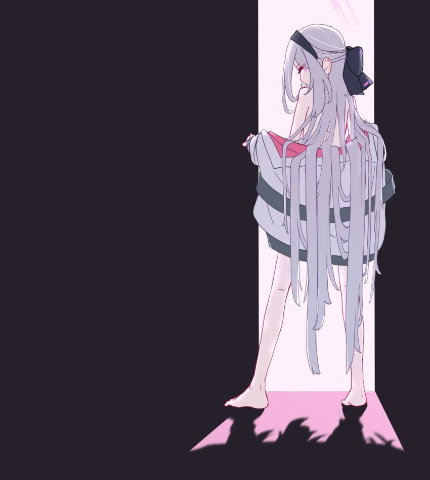 1girl, barefoot, black_hairband, blue_archive, bow, caffeinesonsari, commentary, from_behind