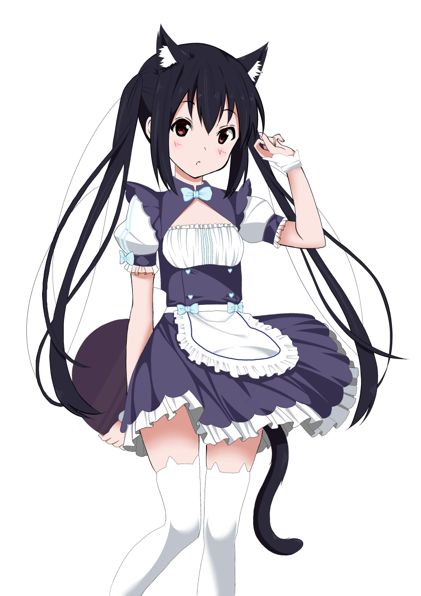 1girl, absurdres, alternate_costume, animal_ear_fluff, animal_ear_legwear, animal_ears, apron, aqua_bow