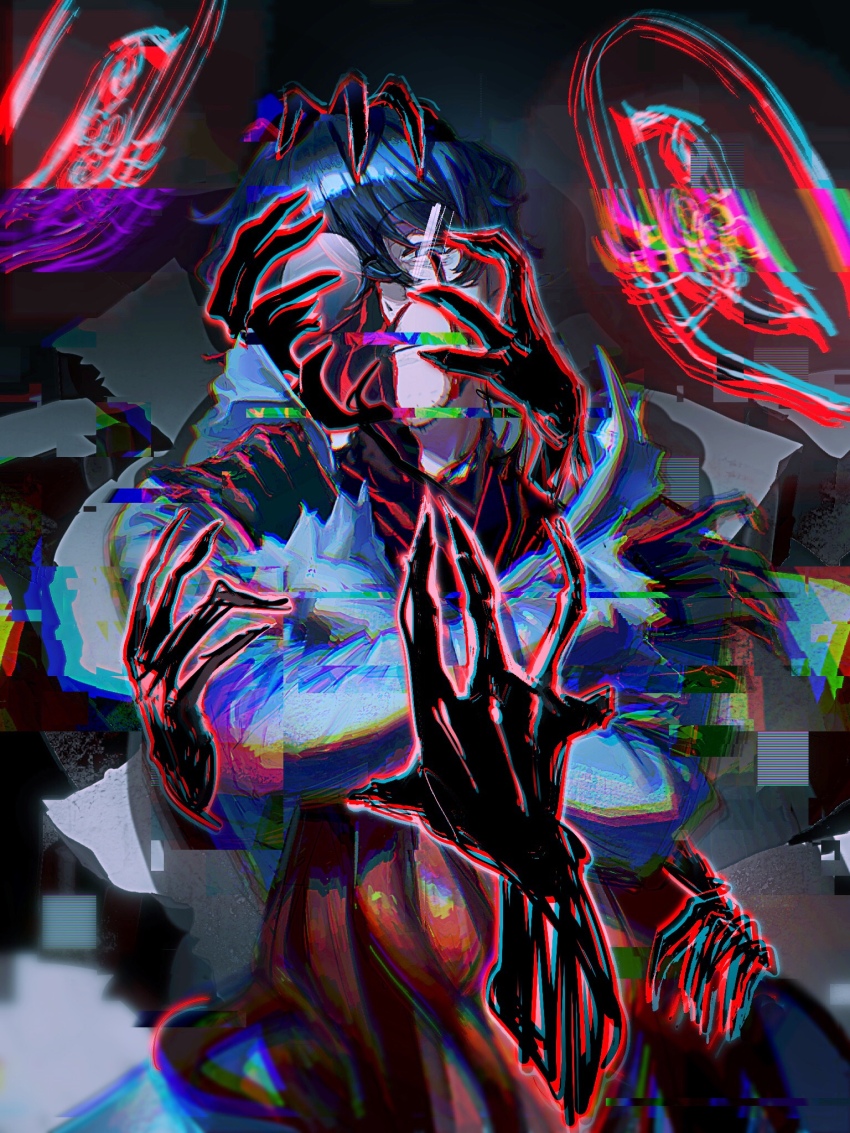 1boy, black_gloves, blood, bloody_tears, blue_hair, chromatic_aberration, coat, commentary_request