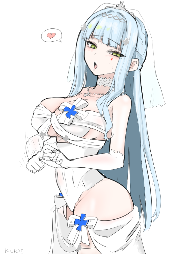 >_o, 1girl, blue_hair, breasts, bridal_veil, commentary, dress, girls'_frontline