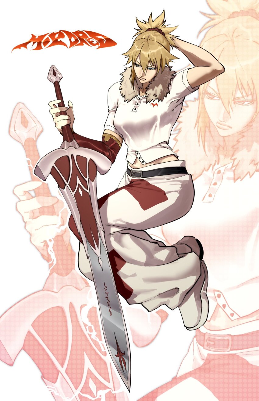 1girl, alternate_costume, arm_behind_head, baggy_pants, belt, black_belt, blonde_hair, breasts