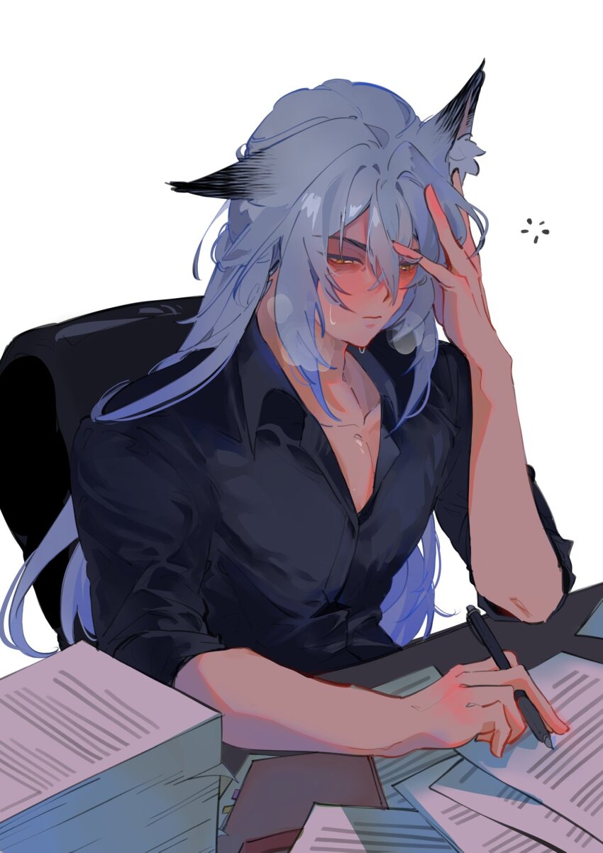 1boy, animal_ear_fluff, animal_ears, black_shirt, cat_boy, cat_ears, chair, closed_mouth