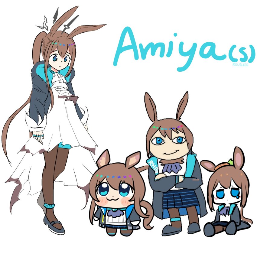 4girls, :3, amiya_(arknights), amiya_(medic)_(arknights), animal_ears, arknights, blue_eyes, character_request