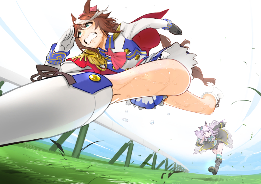 2girls, animal_ears, aqua_bow, aqua_bowtie, aqua_ribbon, aqua_socks, armband, ascot, asymmetrical_gloves, black_gloves, black_jacket, black_skirt, blue_eyes, boots, bow, bowtie, brown_hair, buttons, cape, clenched_teeth, coat, commentary_request, double-breasted, ear_bow, ear_ribbon, epaulettes, flying_sweatdrops, frilled_coat, frilled_jacket, frills, gloves, highres, horse_ears, horse_girl, horse_tail, jacket, jingle_i, knee_boots, long_hair, long_sleeves, mejiro_mcqueen_(frontline_elegance)_(umamusume), mejiro_mcqueen_(umamusume), mismatched_gloves, multicolored_hair, multicolored_jacket, multiple_girls, pink_ascot, pleated_skirt, ponytail, purple_eyes, purple_hair, red_cape, ribbon, running, single_epaulette, single_hair_streak, skirt, socks, streaked_hair, striped_armband, striped_clothes, sweatdrop, tail, teeth, thighs, tokai_teio_(peak_joy)_(umamusume), tokai_teio_(umamusume), two-tone_jacket, two-tone_skirt, umamusume, white_boots, white_gloves, white_jacket, white_skirt, white_streaks