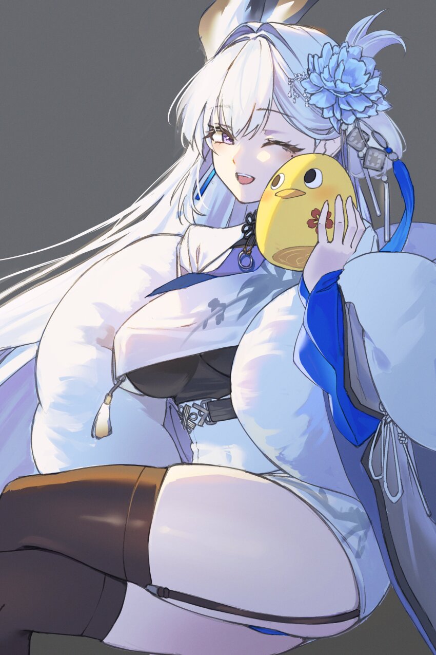 1girl, absurdres, coat, commentary_request, covered_navel, covered_underboob, floral_print, flower, fur-trimmed_coat, fur_trim, goddess_of_victory:_nikke, grey_background, hair_flower, hair_intakes, hair_ornament, highres, holding, korean_commentary, mole, mole_under_eye, moon_(restire), one_eye_closed, open_mouth, simple_background, single_breast_curtain, smile, snow_crane_(nikke), solo, tassel, tassel_hair_ornament, white_coat