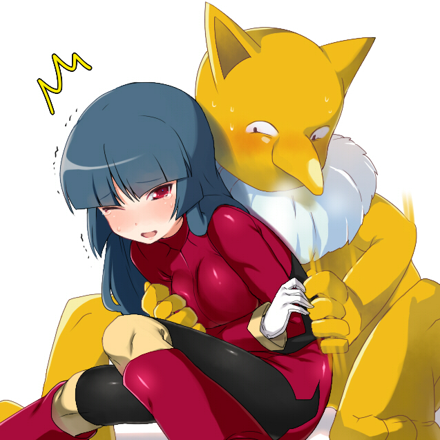 00s, 1girl, ^^^, bike_shorts, blue_hair, blush, boots, breasts, furry, furry_male, furry_with_non-furry, gen_1_pokemon, gloves, grabbing_another's_breast, groping, gym_leader, hime_cut, hizuki_akira, hypno, interspecies, long_hair, medium_breasts, nintendo, one_eye_closed, pokemon, pokemon_(creature), pokemon_firered_and_leafgreen, pokephilia, raised_eyebrows, red_eyes, sabrina_(pokemon), tears, tickling, tickling_armpits, tickling_breasts, wink