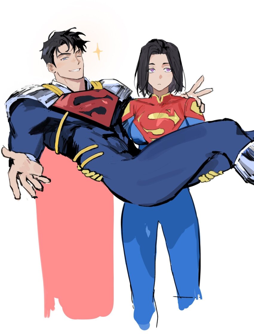 1boy, 1girl, ;), black_hair, bodysuit, dc_comics, highres, lois_lane