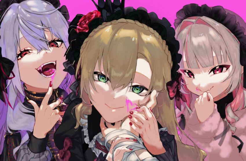 1boy, 1other, 2girls, black_hairband, blonde_hair, braid, brown_hair, colored_inner_hair