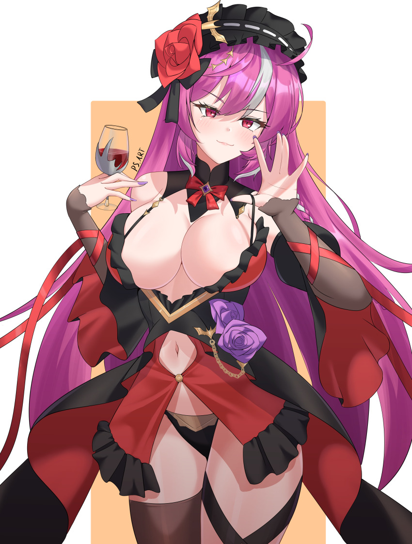 1girl, :3, absurdres, asymmetrical_legwear, black_dress, black_thighhighs, blush, breasts, clothing_cutout, cup, disartk, dress, dress_flower, drinking_glass, flower, frilled_hairband, frills, guardian_tales, hair_flower, hair_ornament, hairband, hands_up, highres, large_breasts, long_hair, looking_at_viewer, multicolored_hair, navel, navel_cutout, purple_flower, purple_hair, purple_nails, red_dress, red_eyes, red_flower, revealing_clothes, signature, simple_background, single_thighhigh, solo, streaked_hair, thighhighs, two-tone_dress, vampire_girl_karina, very_long_hair, white_hair, white_streaks, wine_glass
