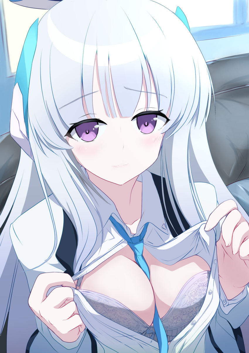 1girl, absurdres, aig8654fez, between_breasts, blue_archive, blue_necktie, blunt_bangs, blush, bra, breasts, cleavage, closed_mouth, clothes_between_breasts, collared_shirt, commentary, couch, floral_print, floral_print_bra, halo, hands_up, headgear, highres, indoors, large_breasts, long_hair, long_sleeves, looking_at_viewer, necktie, necktie_between_breasts, noa_(blue_archive), open_clothes, open_shirt, opened_by_self, partially_unbuttoned, presenting_breasts, print_bra, purple_eyes, school_uniform, shirt, sidelocks, smile, solo, underwear, upper_body, white_bra, white_hair, white_halo, white_shirt